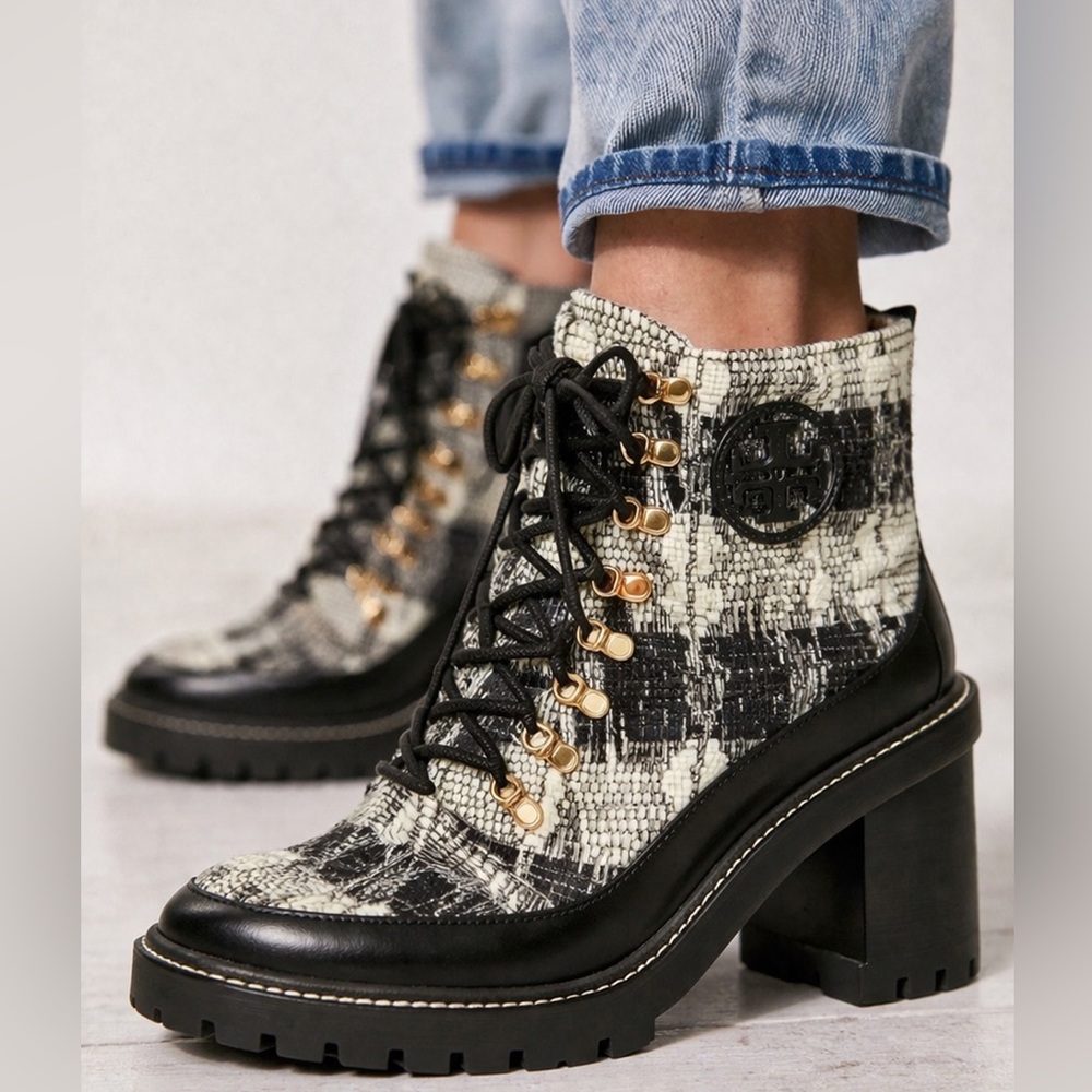 Tory Burch Miller Tweed Lug Sole Lace Up Heeled Boots Size 9.5 NWOT